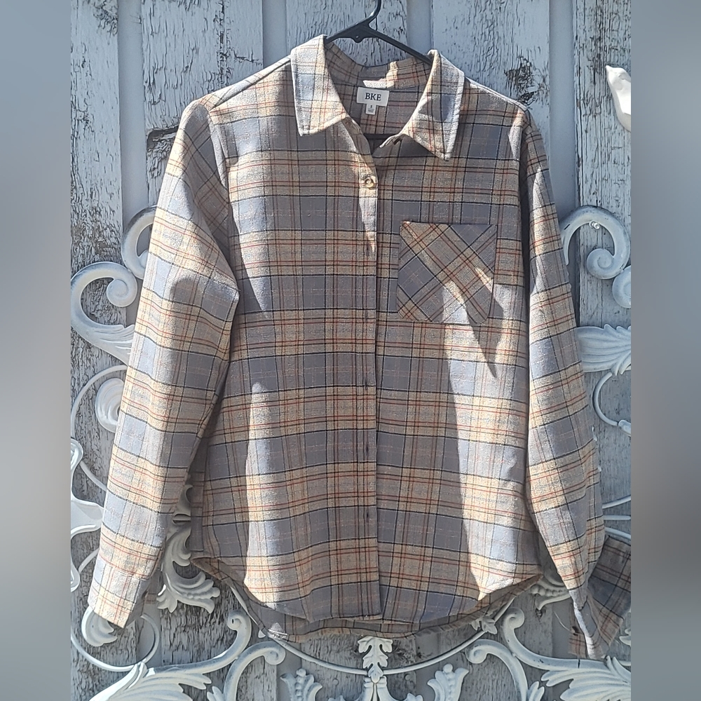 Plaid shiny button up